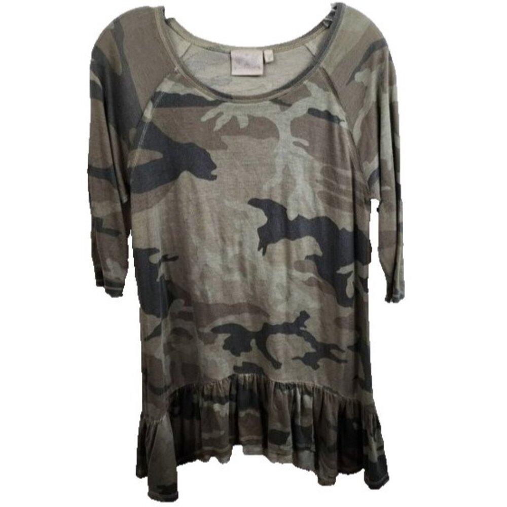 Dantelle Womens BOHO Tunic Top Medium Olive Green‎ Camo Ruffle 3/4 Sleeve